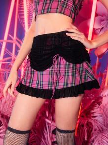 SHEIN ICON 90s Drawstring Ruched Mesh Detail Plaid Skirt - Multicolor - View 1
