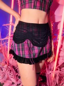 SHEIN ICON 90s Drawstring Ruched Mesh Detail Plaid Skirt - Multicolor - View 4