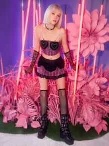 SHEIN ICON 90s Drawstring Ruched Mesh Detail Plaid Skirt - Multicolor - View 5