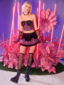 SHEIN ICON 90s Drawstring Ruched Mesh Detail Plaid Skirt - Multicolor - View 7