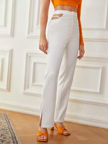SHEIN Zipper Fly Cutout Waist Split Hem Trousers - White - View 3