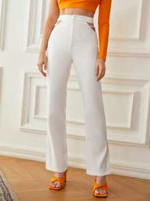 SHEIN Zipper Fly Cutout Waist Split Hem Trousers - White - View 4