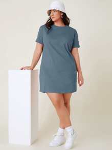 SHEIN BASICS Hơn Ngắn tay Váy  thun Chất rắn - Màu xanh bụi bặm - Xem 4