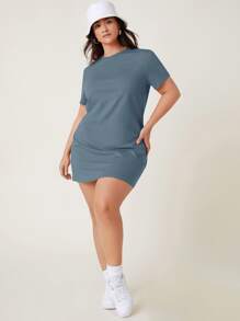 SHEIN BASICS Hơn Ngắn tay Váy  thun Chất rắn - Màu xanh bụi bặm - Xem 5