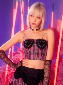 SHEIN ICON 格紋印花水鑽條帶吊帶上衣 - 彩色 - 查看 1