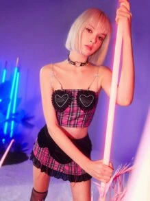 SHEIN ICON 格紋印花水鑽條帶吊帶上衣 - 彩色 - 查看 10