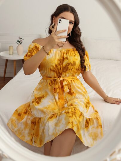 Plus Graphic Print Off Shoulder Ruffle Hem Belted Dress