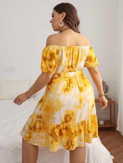 Plus Graphic Print Off Shoulder Ruffle Hem Belted Dress