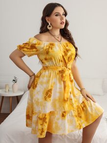 Vestido con cinturón con estampado de dibujo de hombros descubiertos bajo con fruncido - Amarillo - Ver 4