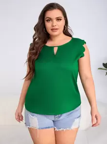 SHEIN Clasi 大碼鎖眼領口貝殼邊襯衫 - 綠色 - 查看 1