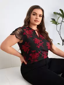 SHEIN Clasi Plus Keyhole Neck Lace Sleeve Floral Print Top - Multicolor - View 1