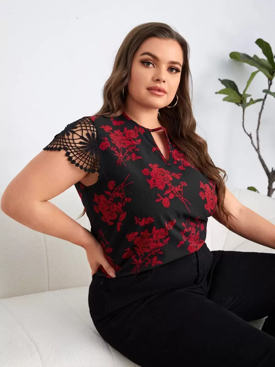 SHEIN Clasi Plus Keyhole Neck Lace Sleeve Floral Print Top - Multicolor - View 1