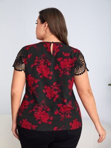 SHEIN Clasi Plus Keyhole Neck Lace Sleeve Floral Print Top - Multicolor - View 2