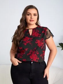 SHEIN Clasi Plus Keyhole Neck Lace Sleeve Floral Print Top - Multicolor - View 3