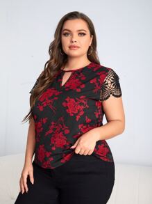 SHEIN Clasi Plus Keyhole Neck Lace Sleeve Floral Print Top - Multicolor - View 5