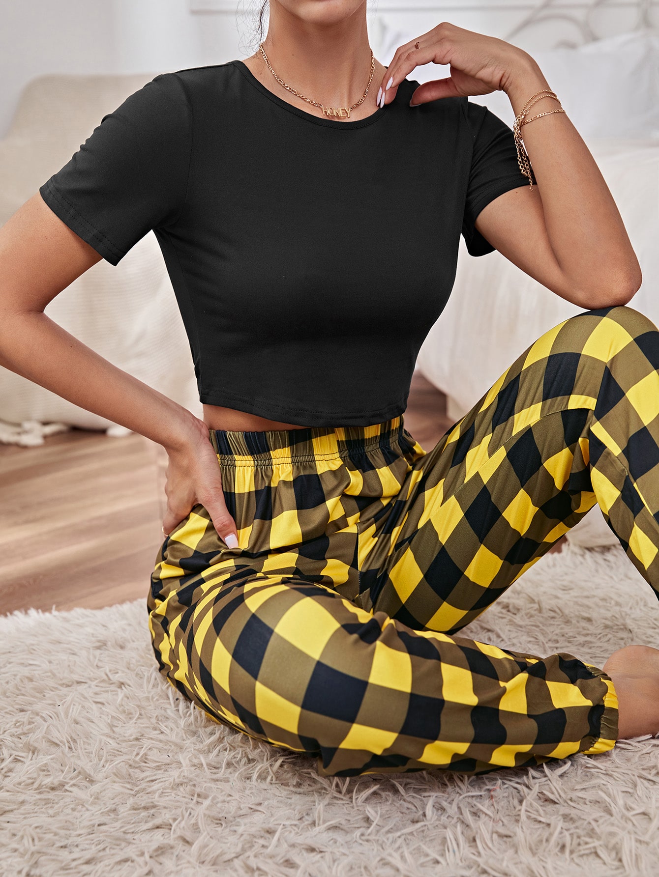 Crop Top And Buffalo Plaid Pants PJ Set 
