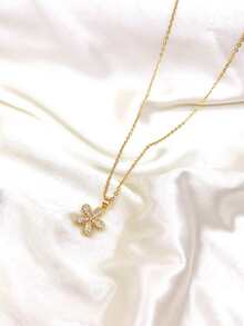 水鑽花朵掛飾項鍊 - 金黃色 - 查看 1