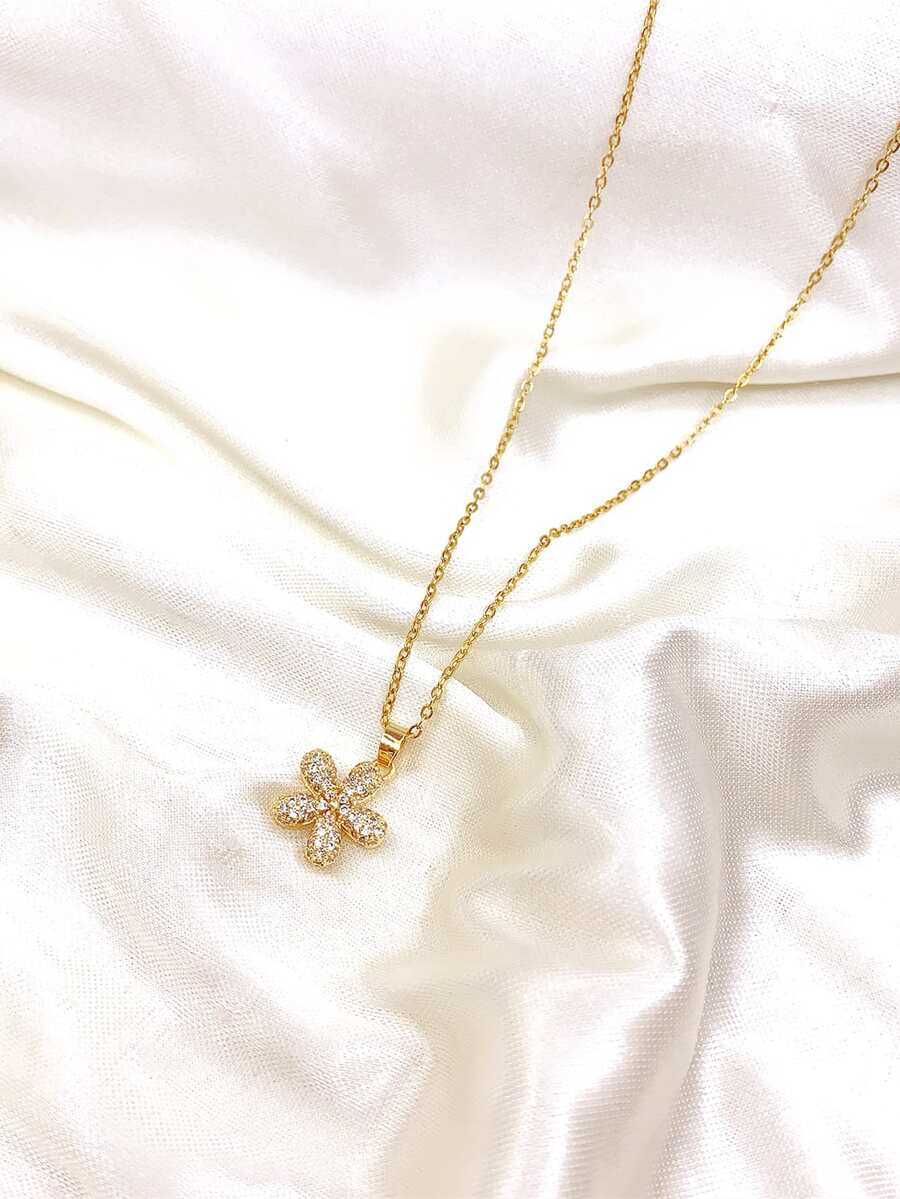 水鑽花朵掛飾項鍊 - 金黃色 - 查看 1