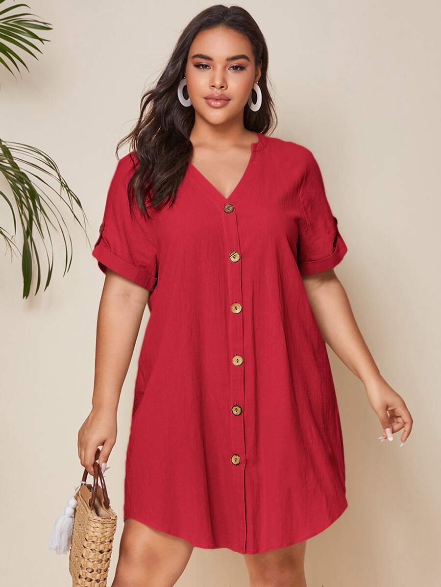 SHEIN Unity Đầm Plus Size Nút phía trước màu trơn Giải trí - Đỏ - Xem 1
