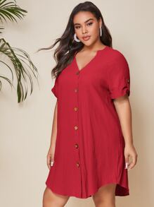 SHEIN Unity Đầm Plus Size Nút phía trước màu trơn Giải trí - Đỏ - Xem 3