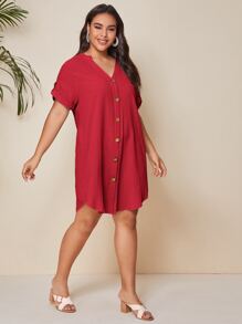 SHEIN Unity Đầm Plus Size Nút phía trước màu trơn Giải trí - Đỏ - Xem 4