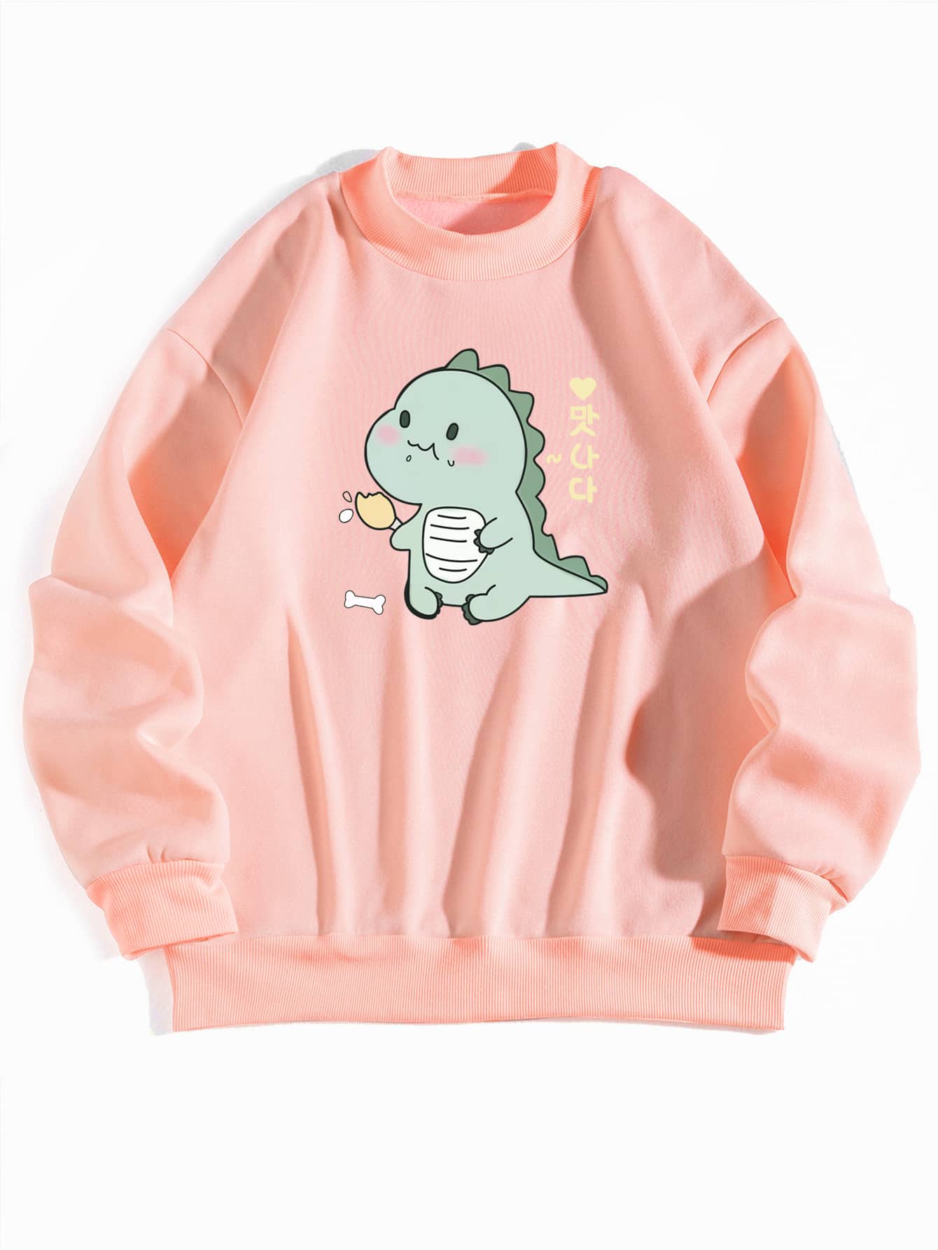 INAWLY Letter & Cartoon Graphic Mock Neck Thermal Pullover - Baby Pink - View 1