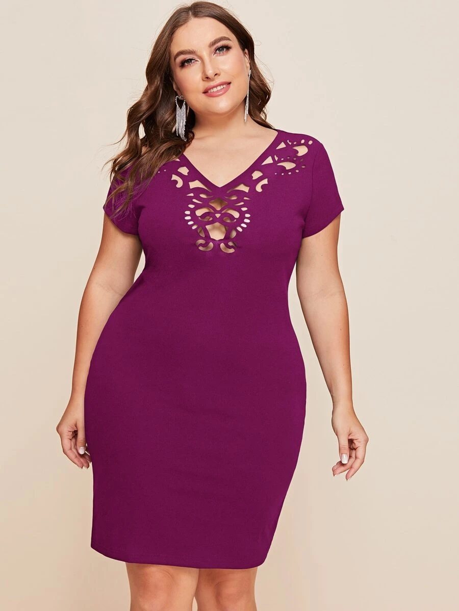 SHEIN Clasi Đầm Plus Size Cắt ra màu trơn Thanh lịch - Màu tím - Xem 1