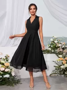 SHEIN Belle Khóa kéo phía sau Chiffon A-line Váy phù dâu - màu đen - Xem 1