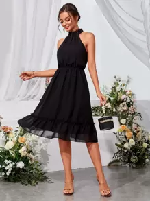 SHEIN Unity Ruffle Hem Chiffon Halter Dress - Black - View 1