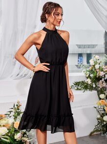 SHEIN Unity Ruffle Hem Chiffon Halter Dress - Black - View 3