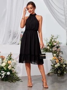 SHEIN Unity Ruffle Hem Chiffon Halter Dress - Black - View 4