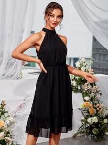 SHEIN Unity Ruffle Hem Chiffon Halter Dress - Black - View 5