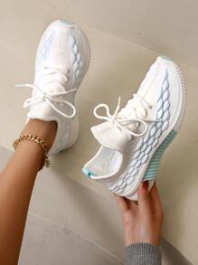 針織細節前綁帶跑步鞋,藍色運動交叉顏色女士運動鞋 - 藍色 - 查看 1