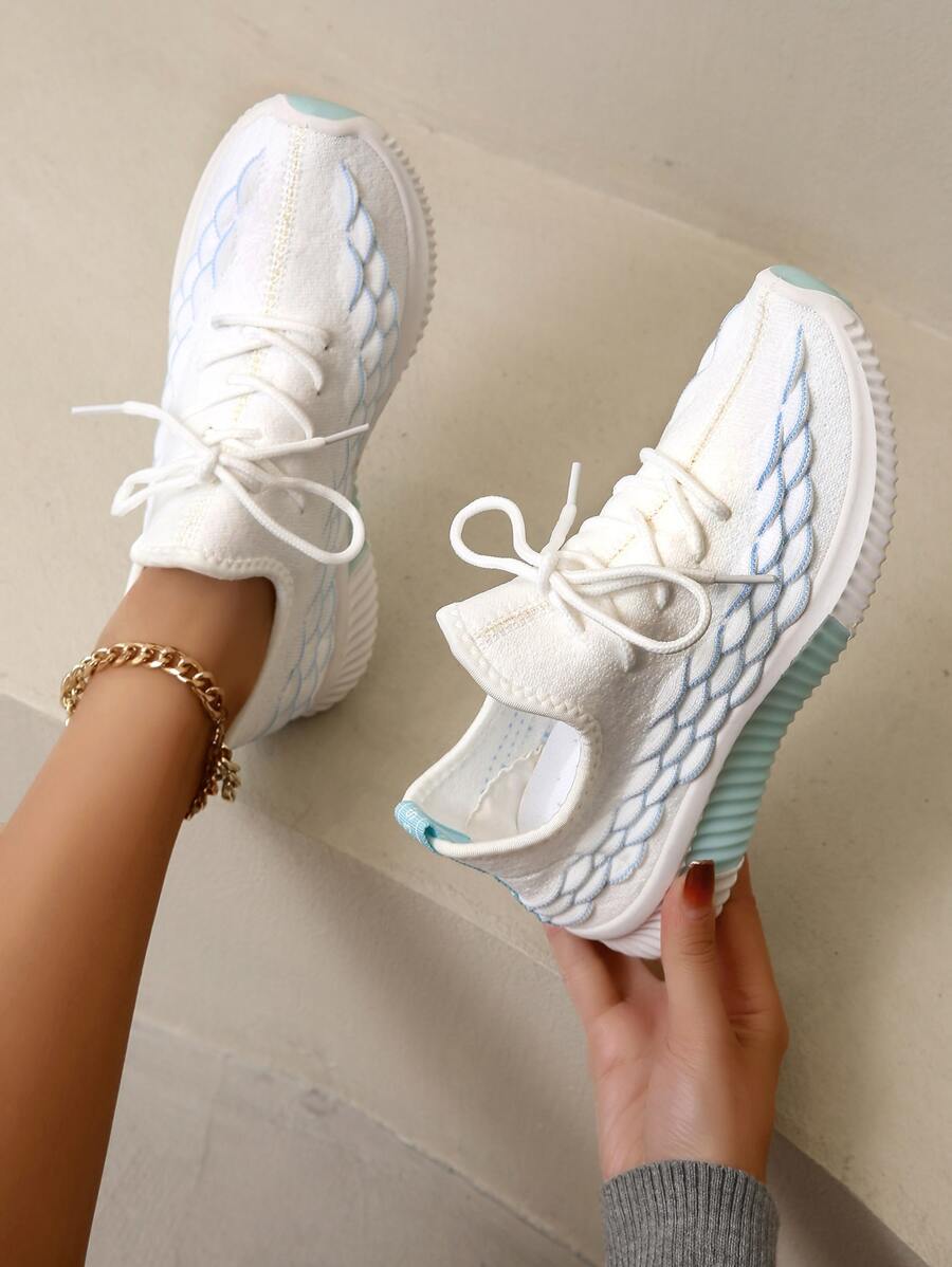 針織細節前綁帶跑步鞋,藍色運動交叉顏色女士運動鞋 - 藍色 - 查看 1