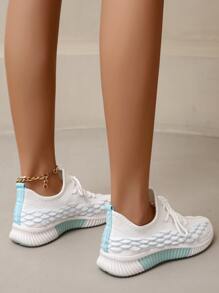 針織細節前綁帶跑步鞋,藍色運動交叉顏色女士運動鞋 - 藍色 - 查看 2