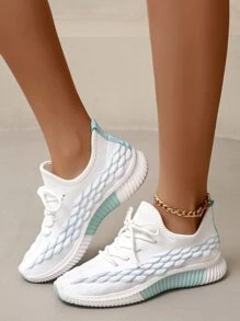 針織細節前綁帶跑步鞋,藍色運動交叉顏色女士運動鞋 - 藍色 - 查看 4