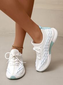 針織細節前綁帶跑步鞋,藍色運動交叉顏色女士運動鞋 - 藍色 - 查看 5