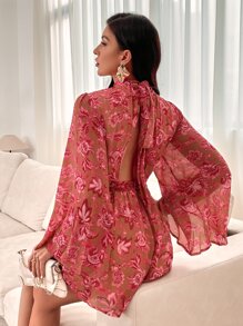 Aveloria Rosie Random Floral Print Tie Back Cut Out Trumpet Sleeve Belted Romper  - Multicolor - View 2