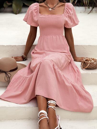 シール スクエアネック フラッタースリーブ フリル裾 ドレス