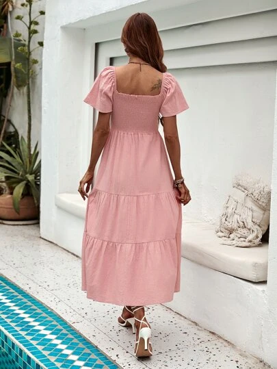 シール スクエアネック フラッタースリーブ フリル裾 ドレス