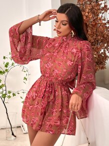 Aveloria Rosie Random Floral Print Tie Back Cut Out Trumpet Sleeve Belted Romper  - Multicolor - View 6