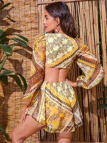 SHEIN 前繫帶腰部鏤空佩斯利印花連身短褲 - 彩色 - 查看 2