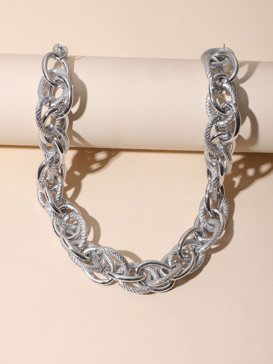 Textured Metal Chain Necklace - Silver - View 1
