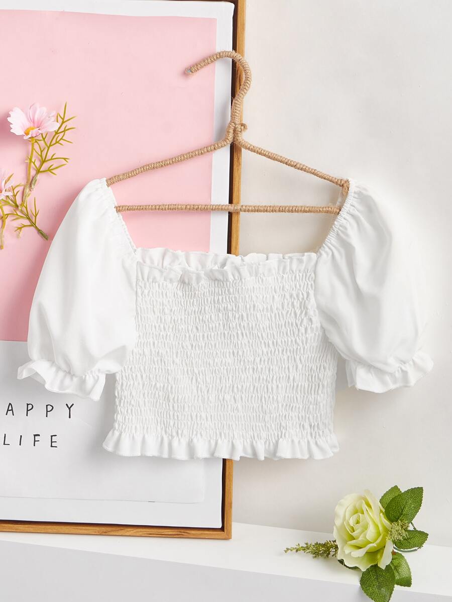 SHEIN Tween Girl's Summer Casual White Cropped Puff Sleeve Blouse - White - View 1