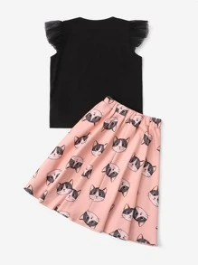 SHEIN 女孩字母圖案荷葉邊上衣和裙子