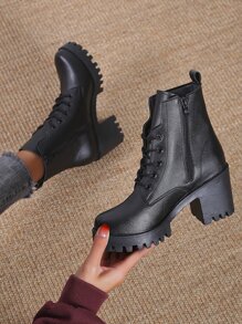 Botas de combate con cremallera lateral con tacón grueso - Negro - Ver 2