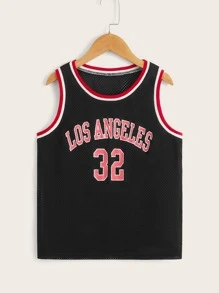 SHEIN Tween Boy Letter Graphic Contrast Binding Tank Top - Black - View 1