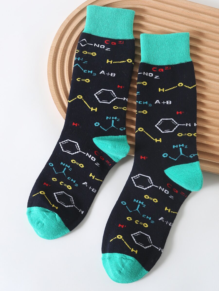 Men Chemical Formula Print Crew Socks, Fall - Multicolor - View 1