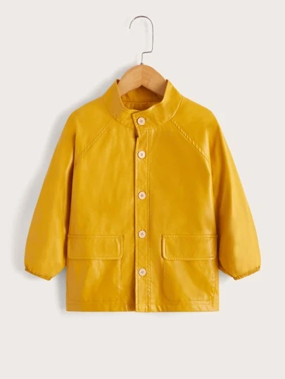 SHEIN 小男童紐扣開襟翻蓋口袋PU皮革外套