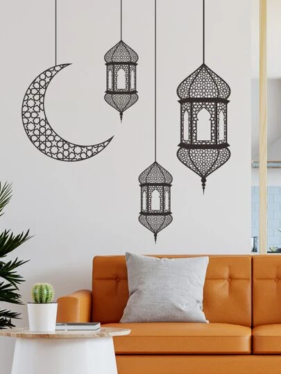ورقة ملصق جداري بنمط القمر والفانوس، ملصق جداري أسود بسيط قابل للإزالة لغرفة النوم وغرفة المعيشة وخلفية حائط التلفاز، ديكورات منزلية، ملصقات، ملصق جداري، ملصق فينيل لديكورات المنزل، عناصر ديكور الربيع لتجديد منزلك، ملصقات ديكور رامة